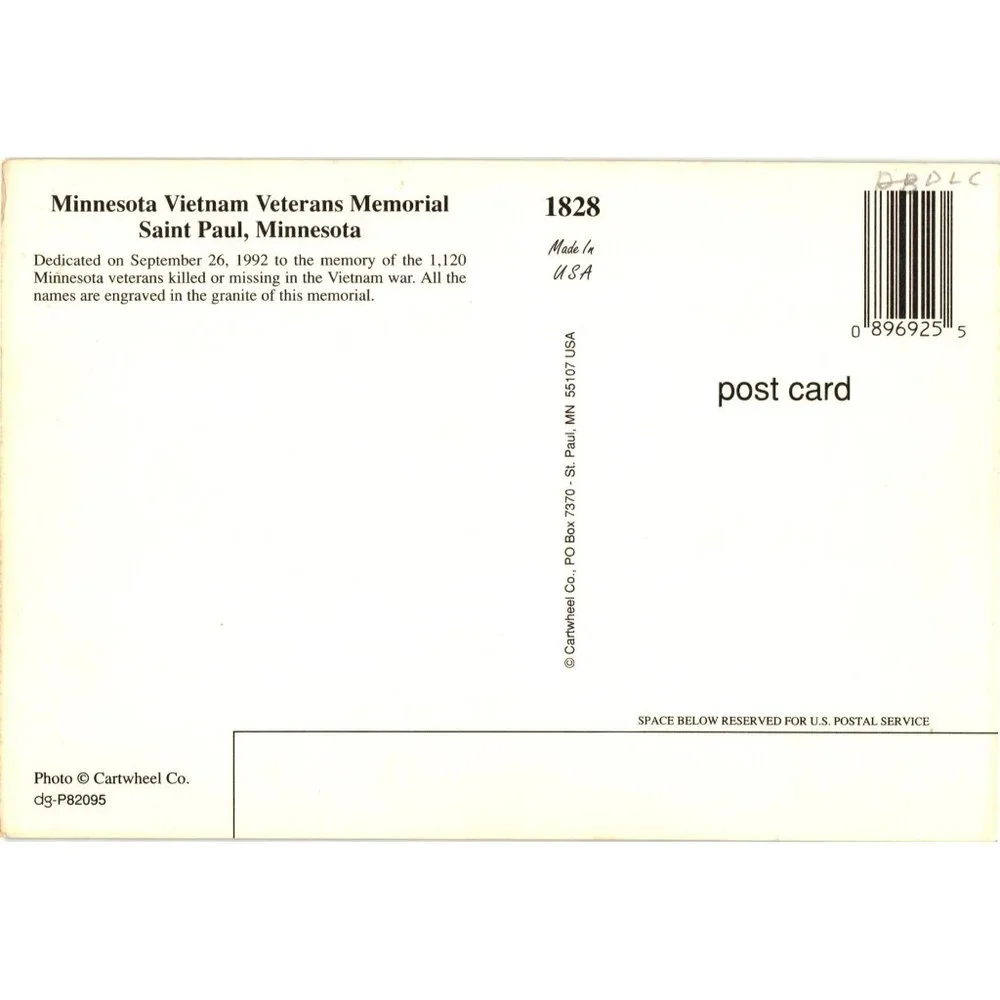 Minnesota Vietnam Veterans Memorial Postcard Saint Paul USA 1992 Vintage